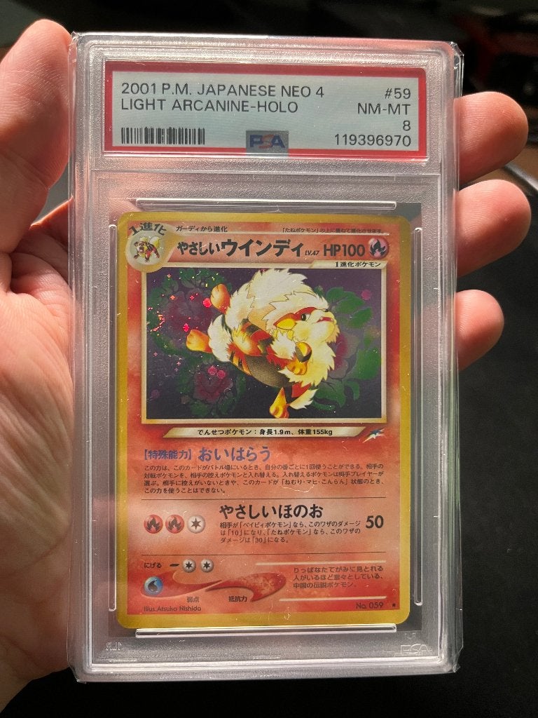 PSA 8 Light Arcanine #59 Pokemon Japanese, Ophalen of Verzenden, Zo goed als nieuw, Losse kaart, Foil