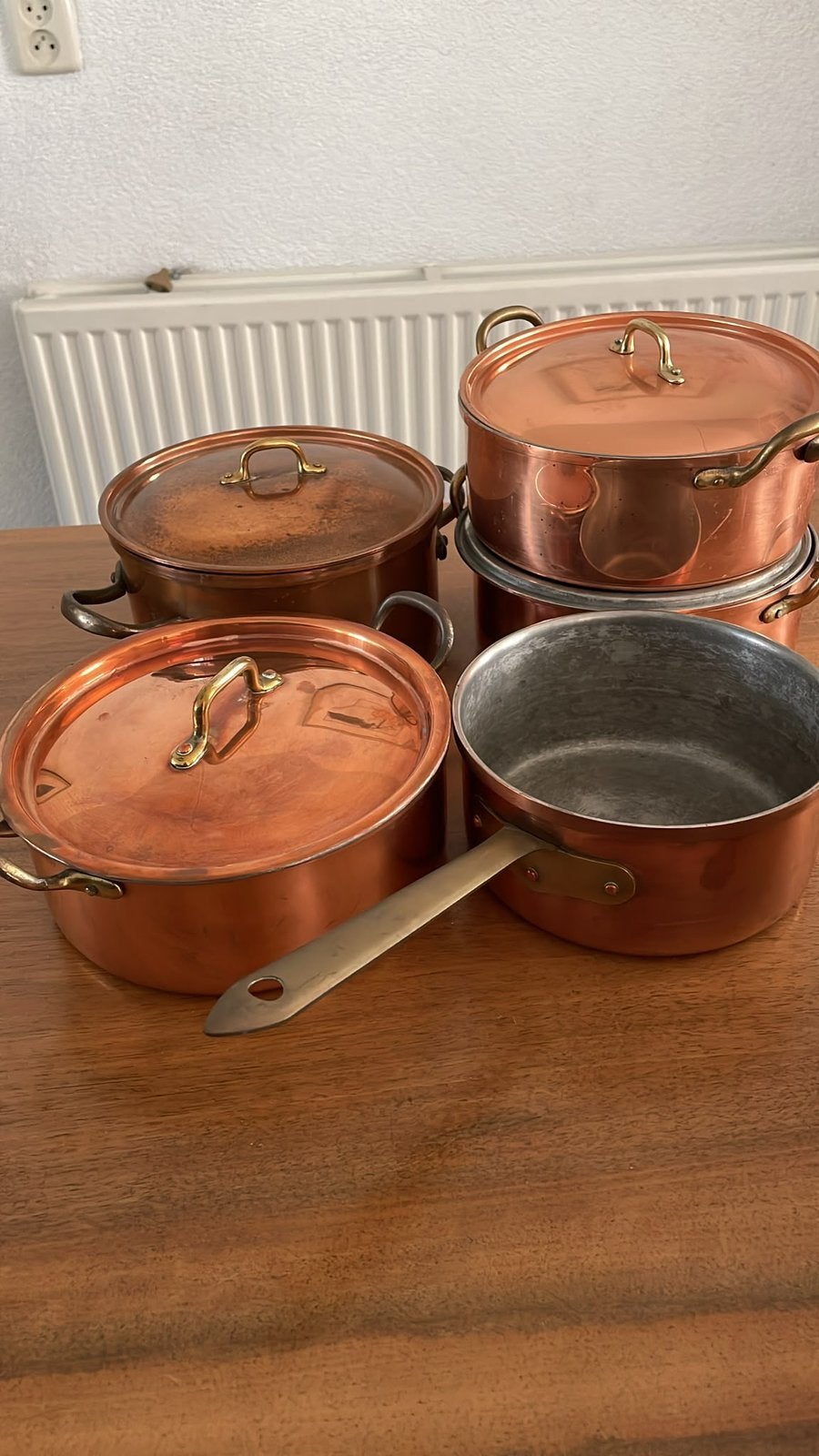 Vintage koperen pannenset: 5-delig met patina, Ophalen of Verzenden