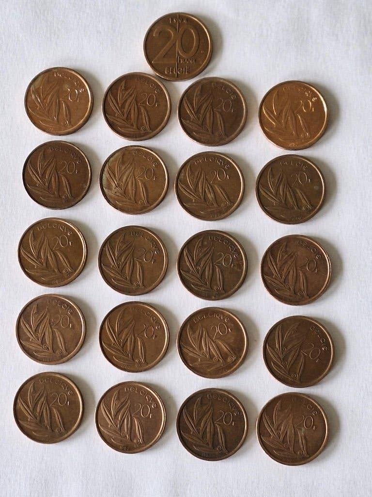21 munten België 20 francs 1980-1994, Postzegels en Munten, Munten | België, Ophalen of Verzenden, Brons, Losse munt