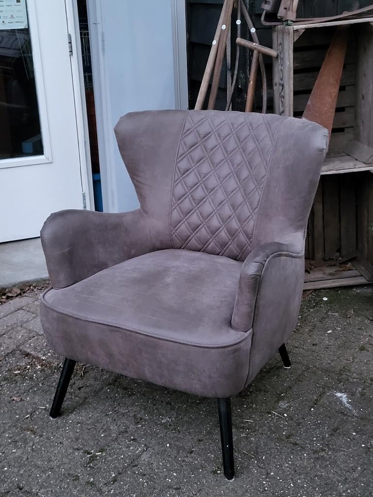 Grijze fauteuil met ruitpatroon, Ophalen, Stof, 50 tot 75 cm