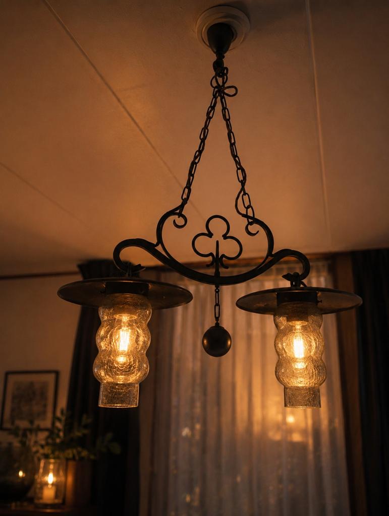 Industriële Hanglamp | Smeedijzer & Bubble Glass |, Gebruikt, Vintage, Rustiek, Smeedijzer, Glas, Minder dan 25 cm