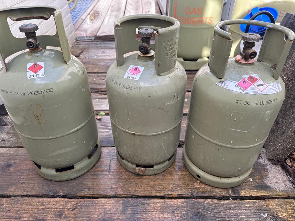 3 lege gasflessen 5kg, Caravans en Kamperen, Kampeeraccessoires, Ophalen, Zo goed als nieuw