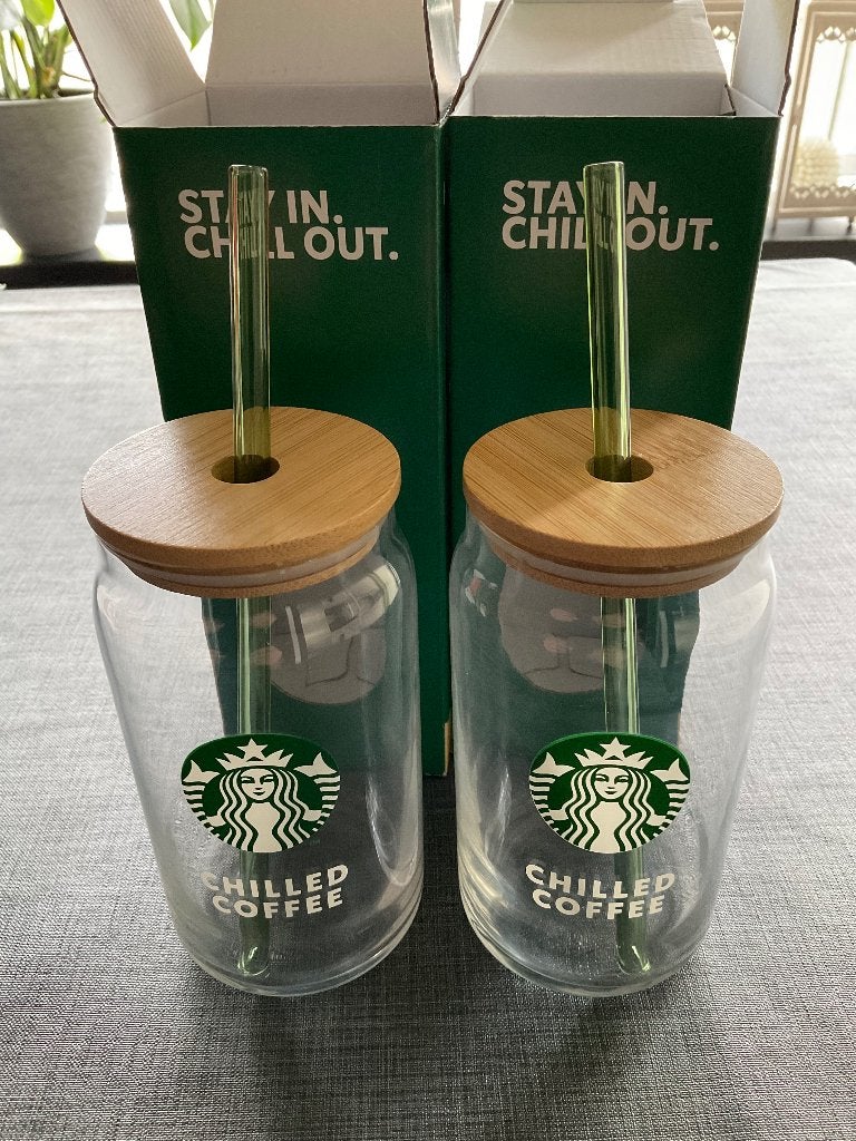 Starbucks Chilled Coffee Glas met Glazen Rietje ... 2 stuks, Ophalen, Glas of Glazen, Nieuw, Glas