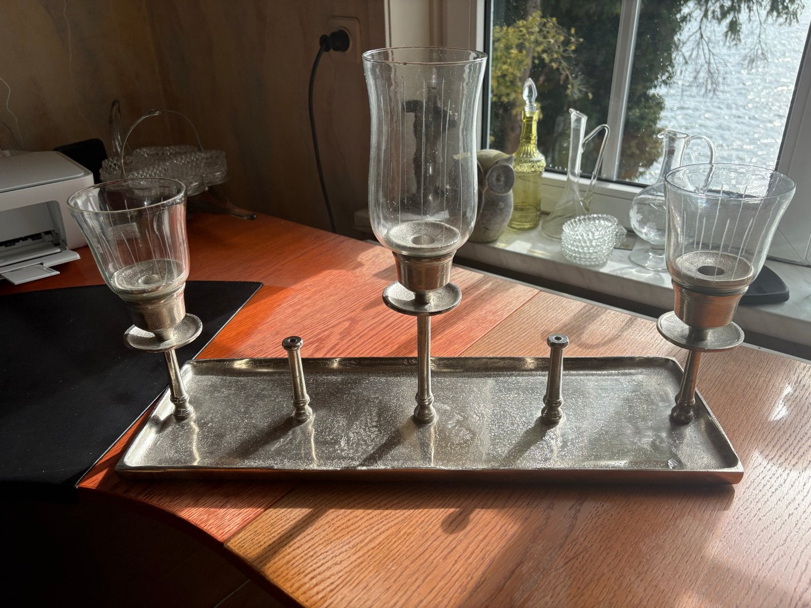 Sfeervolle kandelaar met glazen windlichten, Ophalen, Gebruikt, Metaal, Kandelaar