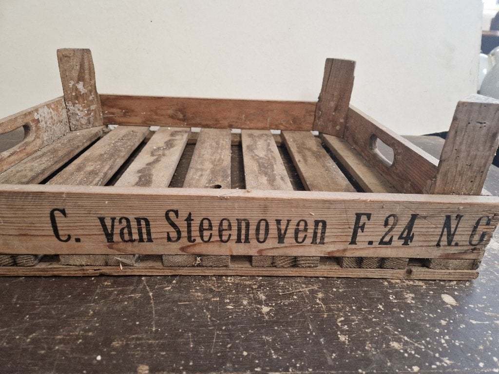 Leuk oud fruitkistje met opdruk C.van Steenoven 1965, Ophalen of Verzenden, Gebruikt, Bruin, Hout