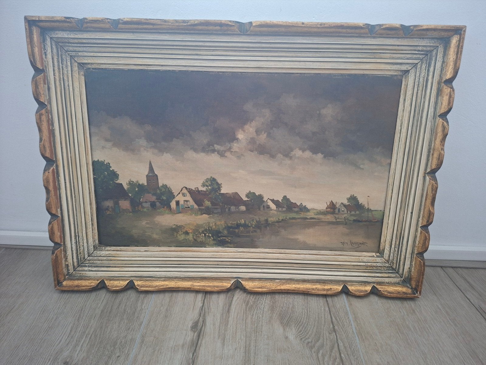 Schilderij Hollands Landschap met Dorp en Kerk, Ophalen of Verzenden