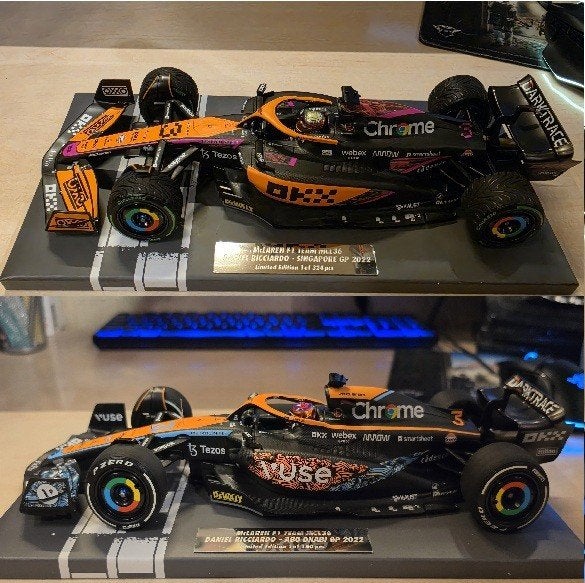 Daniel Ricciardo 1:18 MCL36 2x Special Livery Minichamps, Ophalen of Verzenden, Zo goed als nieuw, Overige sporten, Overige typen