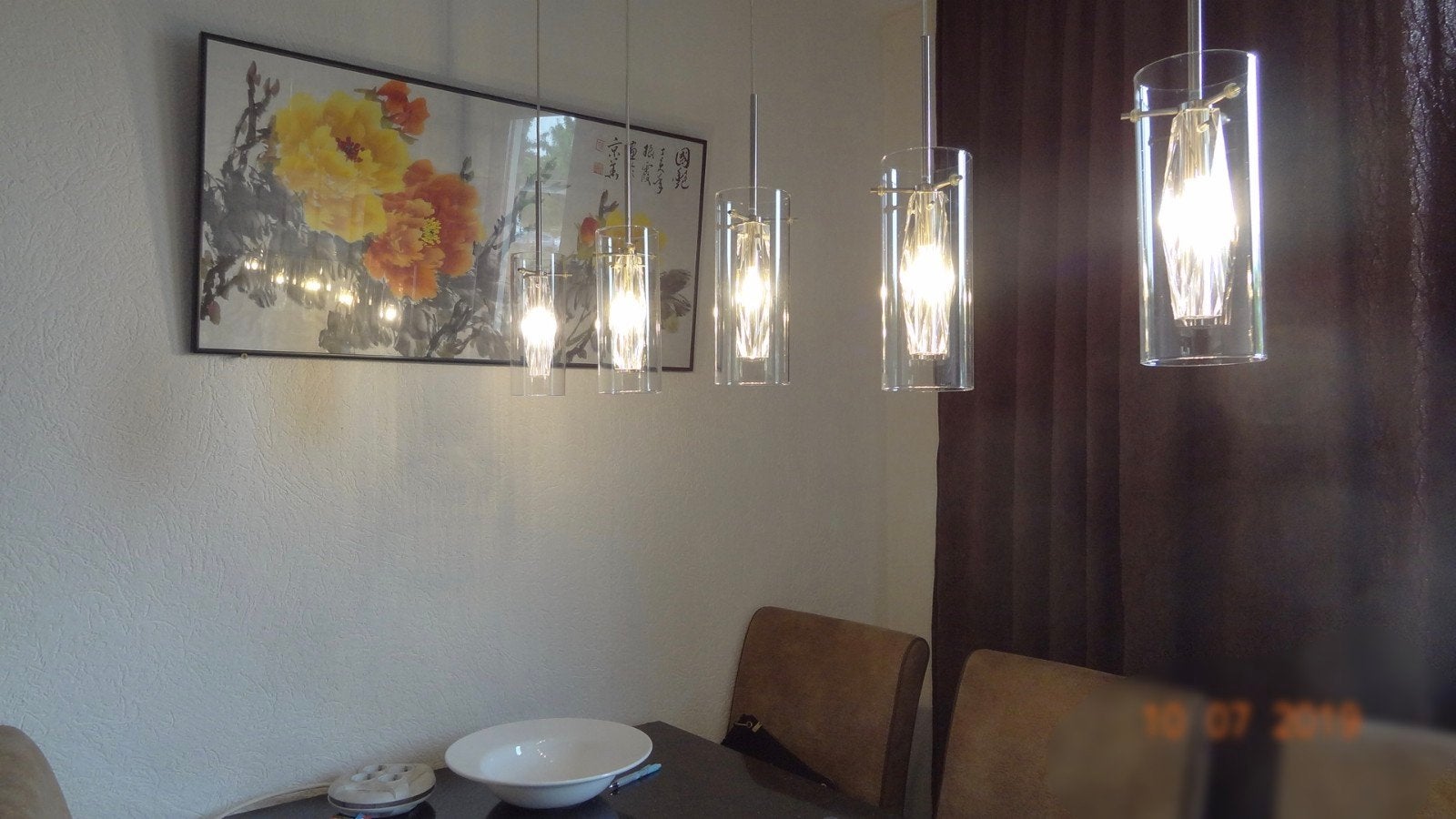 Moderne hanglamp met 5 glazen cilinders, Ophalen, Gebruikt, Glas, Modern