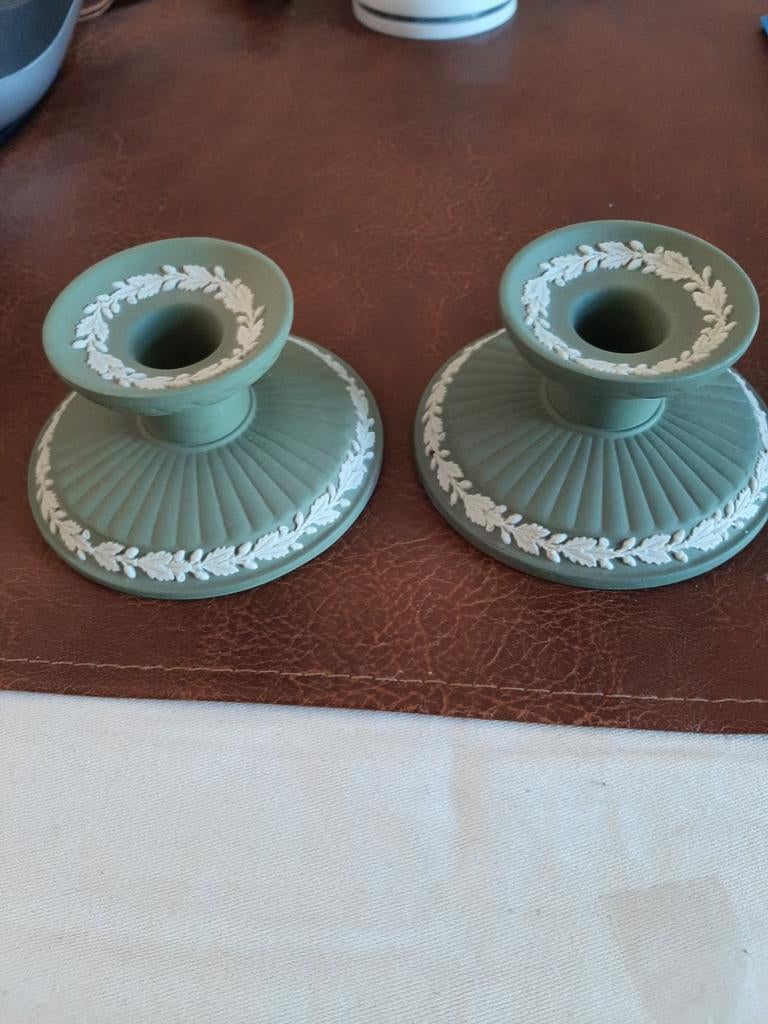 2 Wedgwood Jasper groen kandelaars, Ophalen of Verzenden