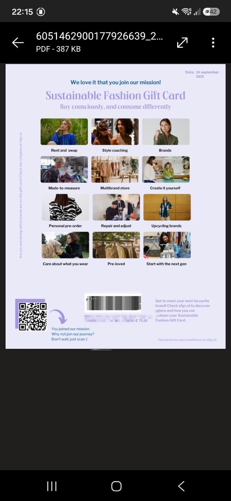 Sustainable fashion giftcard € 75,-, Tickets en Kaartjes, Kortingen en Cadeaubonnen, Eén persoon, Cadeaubon
