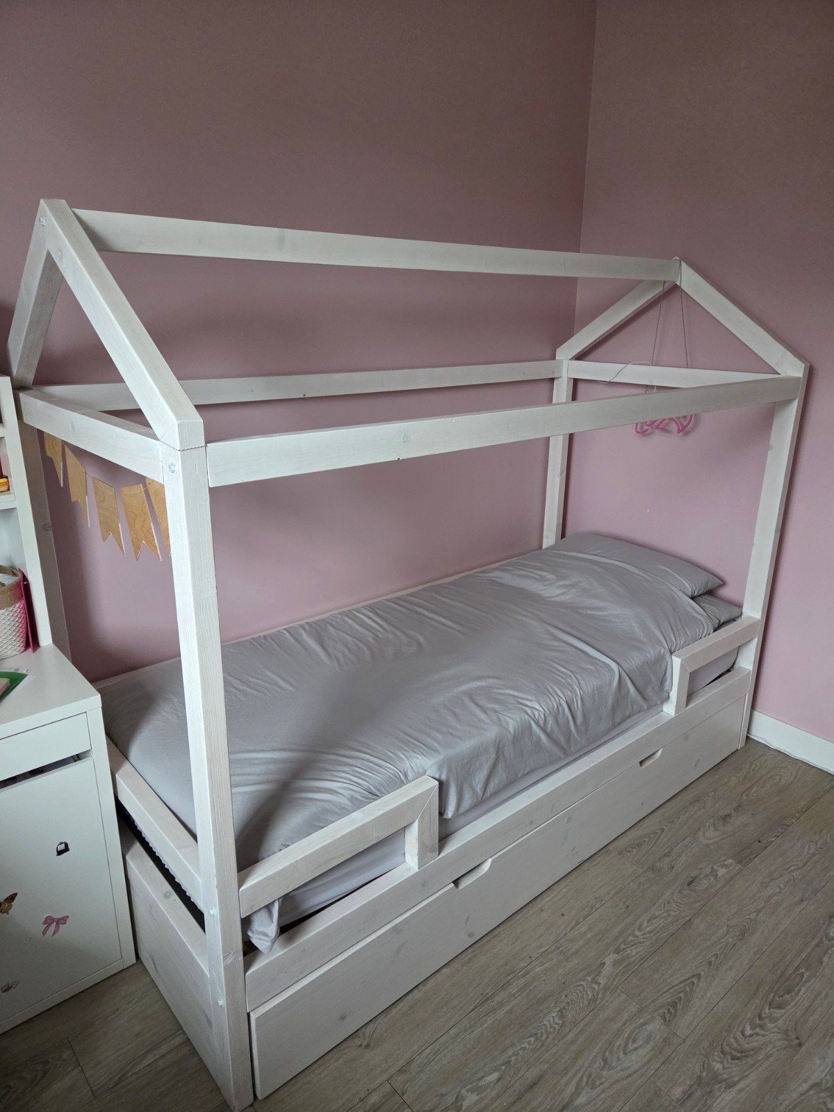 Steigerhouten hemelbed 90x200 white wash lade lattenbodem, 85 tot 100 cm, Zo goed als nieuw, 180 cm of meer, Ophalen