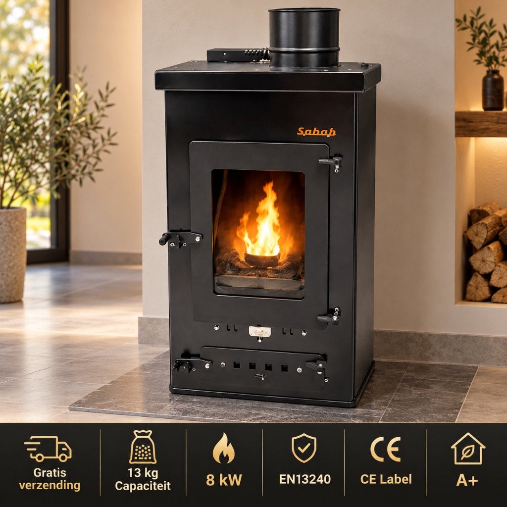 Sabah PLT03 Stalen Pelletkachel -13 kg Peletreservoir – 8 kW, Ophalen, Overige brandstoffen, Nieuw, Pelletkachel
