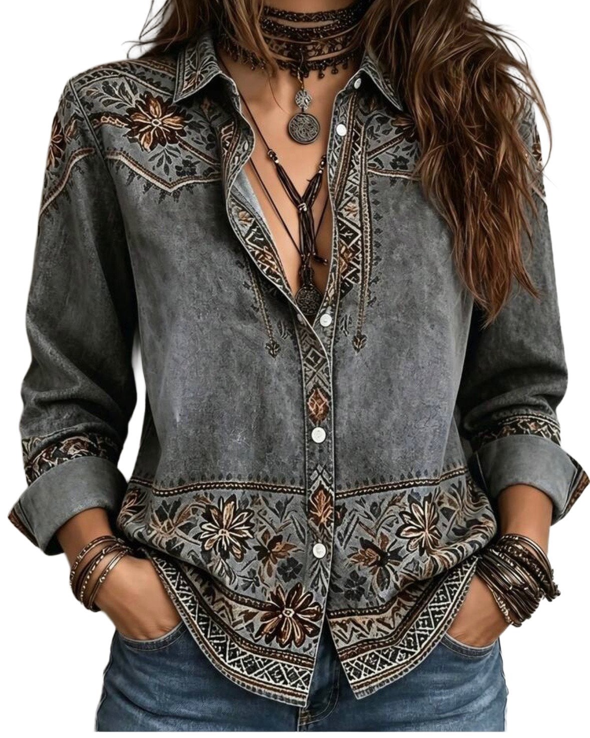 Boho blouse met bloemenprint en lange mouwen (44-52), Verzenden, Nieuw, Grijs, Blouse of Tuniek