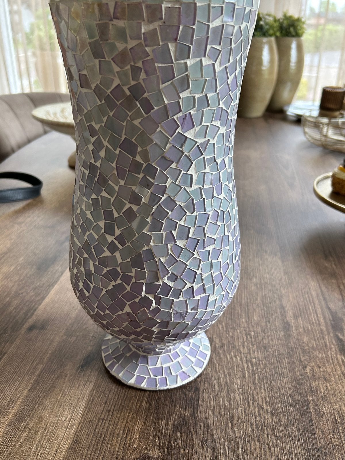 Prachtige Grote Mozaïek Vaas / Windlicht - Parelmoer / Zilve, Gebruikt, Handgemaakt, Ophalen of Verzenden, Glas