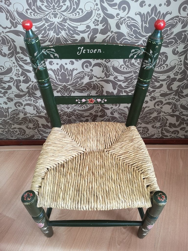 Vintage kinderstoeltje hout, handbeschilderd Jeroen, Kinderen en Baby's, Ophalen of Verzenden, Gebruikt, Overige typen