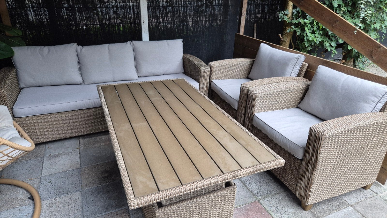Wicker Loungeset met 3-zitsbank, 2 fauteuils en tafel, Ophalen, 5 zitplaatsen, Gebruikt, Bank