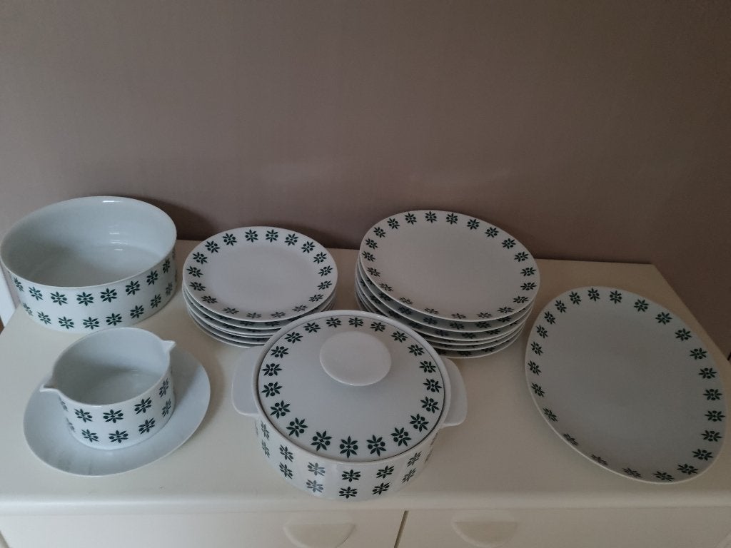 Vintage jaren 60 servies, compleet 17 delig,Thomas.wit groen, Overige merken, Ophalen of Verzenden, Zo goed als nieuw, Overige stijlen