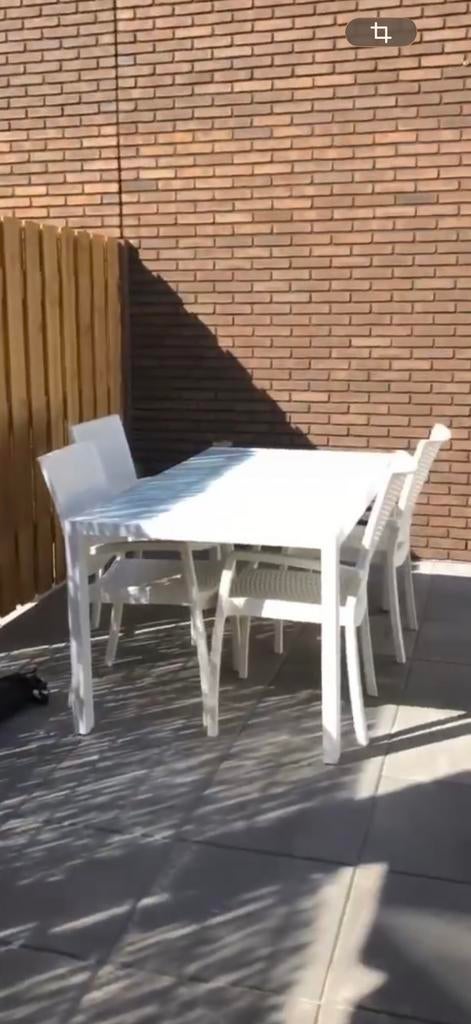 Tuintafel met glasplaat en 8 witte tuinstoelen, Tuin en Terras, Tuintafels, Ophalen of Verzenden, Gebruikt, Rechthoekig, Kunststof