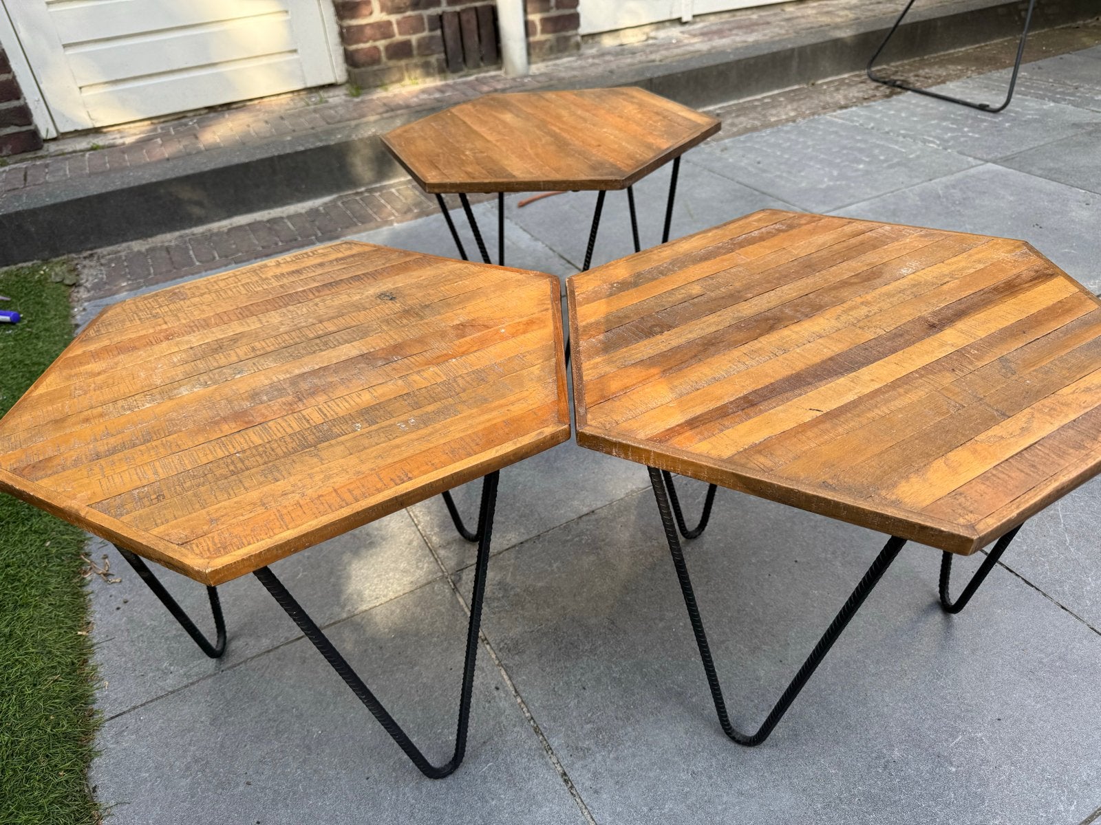 Set van 3 zeshoekige salontafels met houten blad, Ophalen, Gebruikt, 50 tot 100 cm, Overige vormen