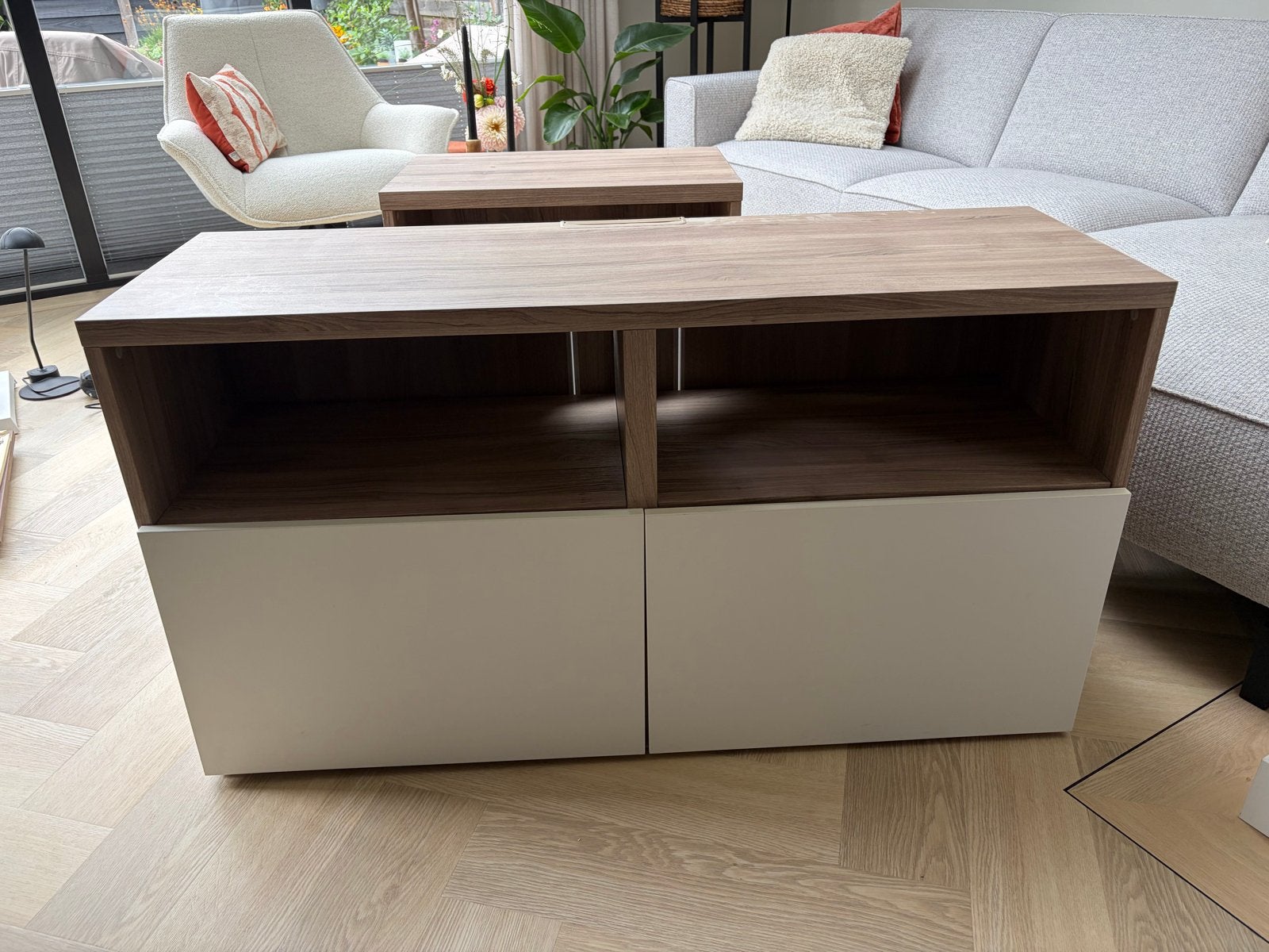 Modern TV-meubel/opbergkast met lades en open vakken, Huis en Inrichting, Ophalen, Gebruikt, 100 tot 150 cm, Minder dan 100 cm