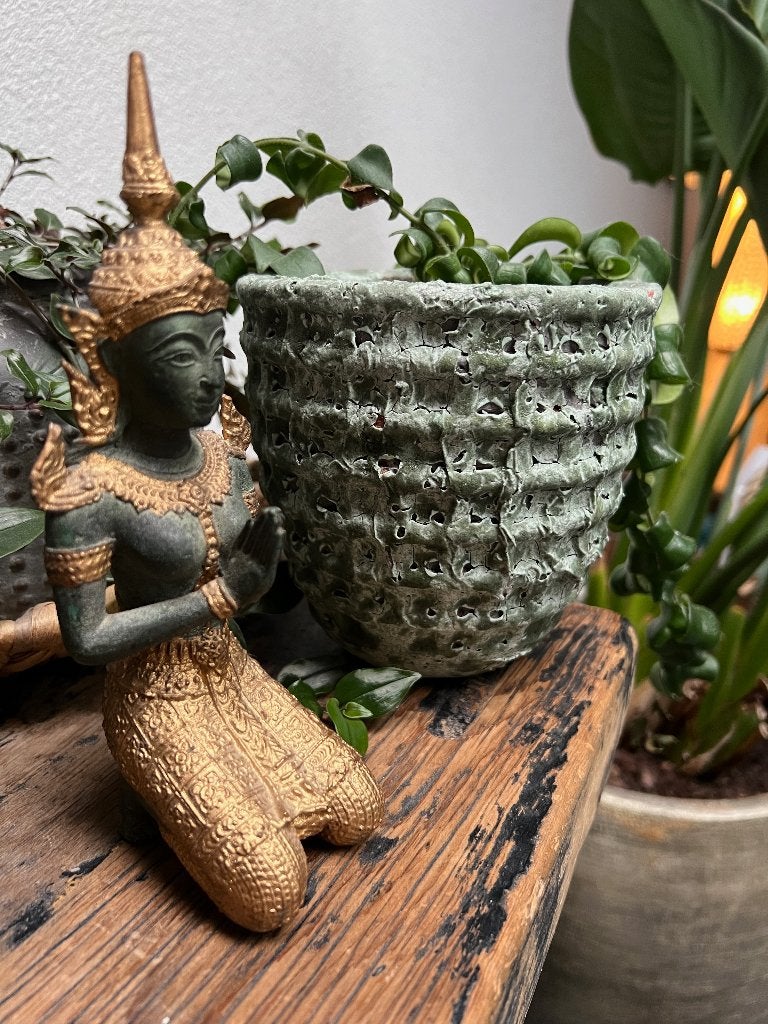 Boeddha poortwachter Thailand brons bladgoud Thaise buddha, Verburgt Vintage, Metaal, Massief, Ophalen of Verzenden