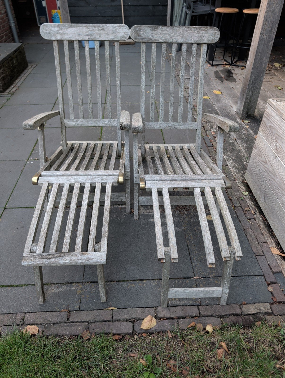 Twee Teakhouten Tuinstoelen met Voetenbanken, Ophalen, Gebruikt, Teakhout