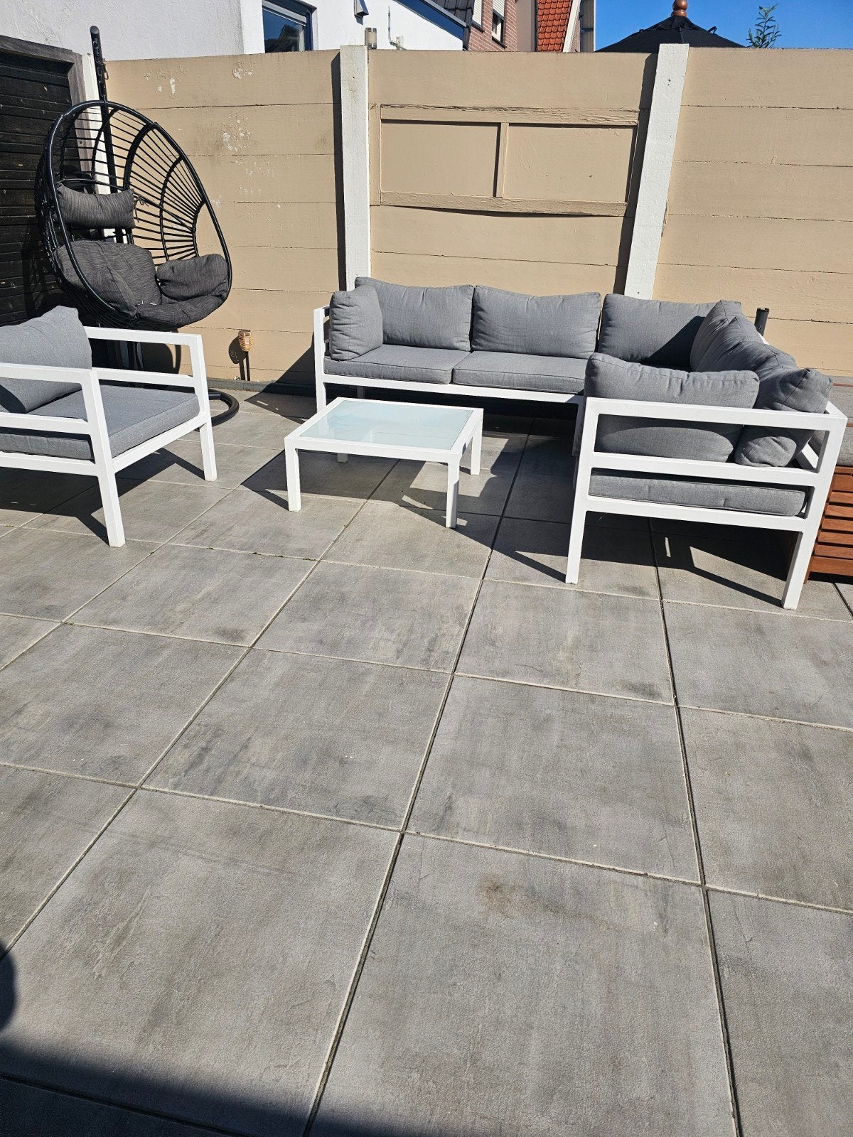 loungeset hoekbank met tafel en stoel, Ophalen, Gebruikt, Composiet