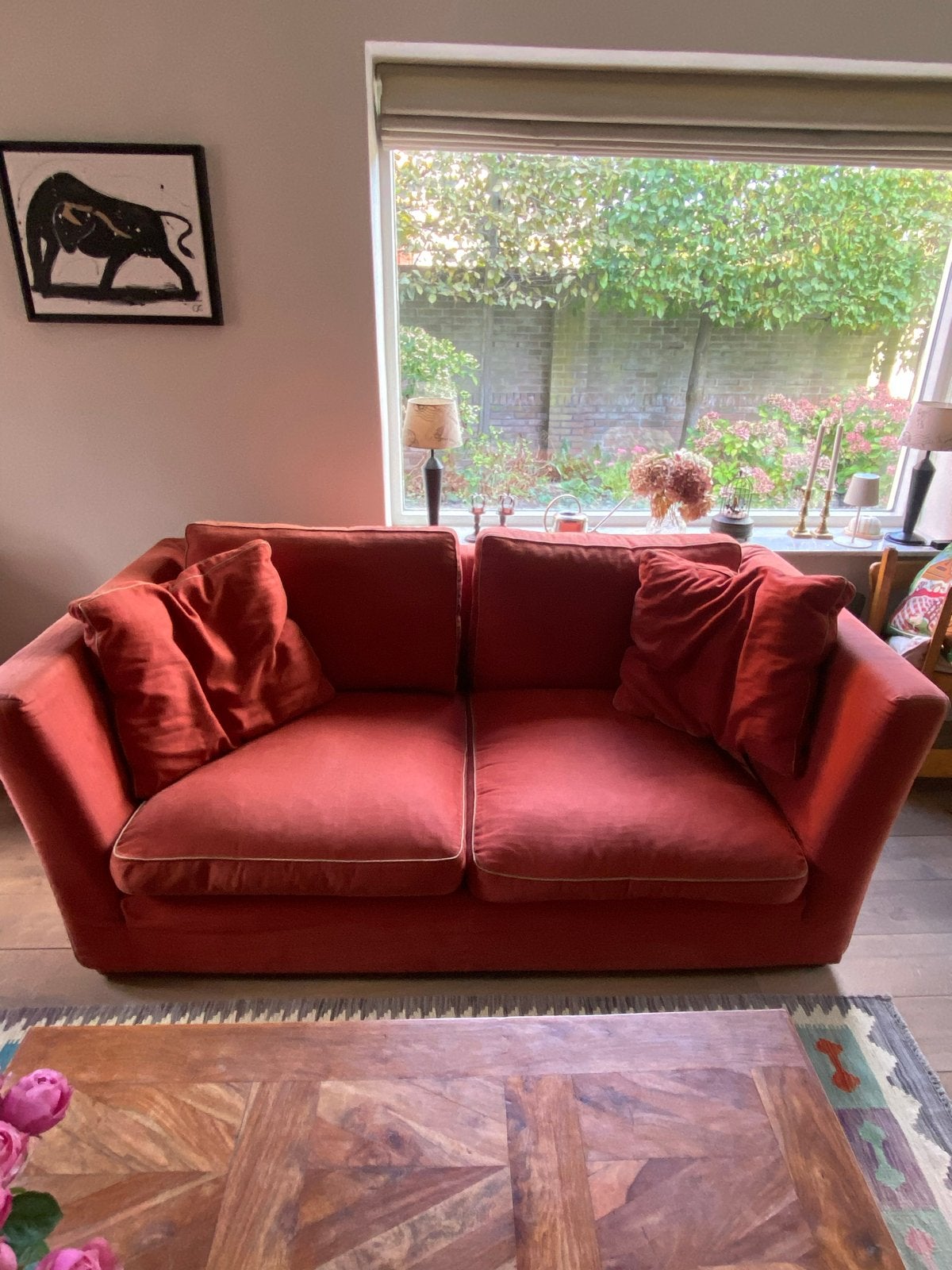 2-en 3 zitsbank in terracotta en chaise longe in beige, Gebruikt, 150 tot 200 cm, Tweepersoons, 75 tot 100 cm