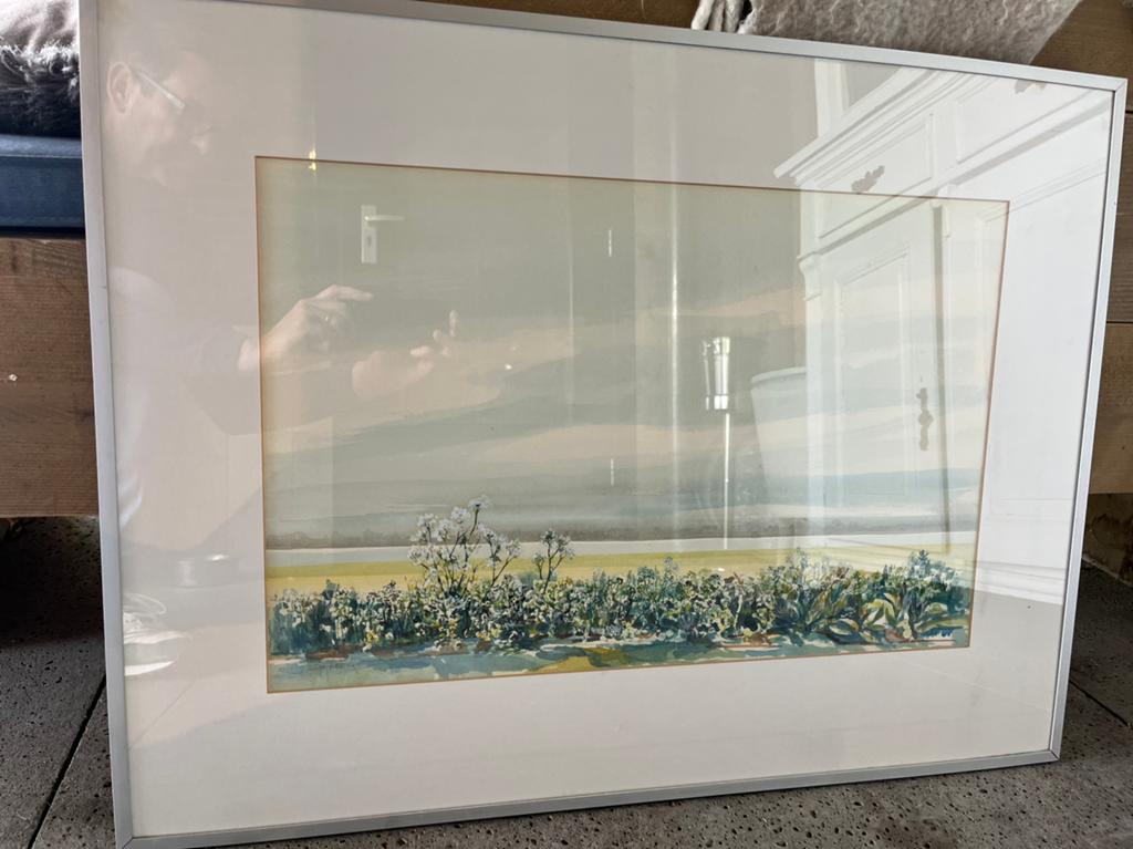 Ingelijste aquarel van landschap met bloemen, Ophalen