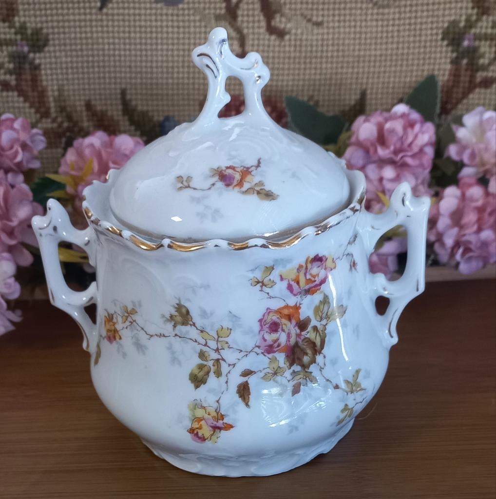 Mooie brocante grote suikerpot, roze/gele roosjes, sierlijk, Ophalen of Verzenden
