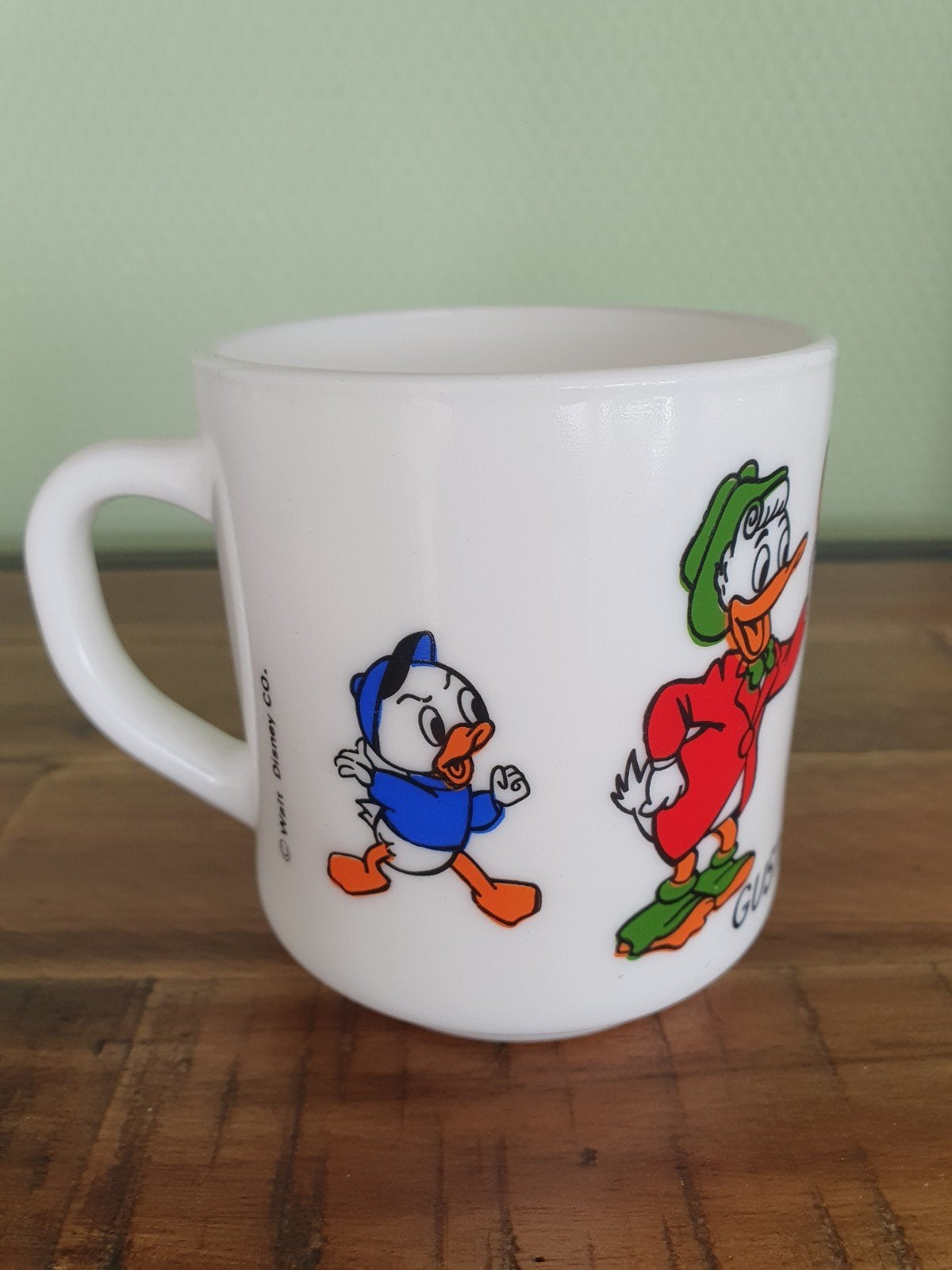 Vintage Disney Arcopal Kwik Kwek Kwak Guus Geluk mok beker, Gebruikt, Ophalen of Verzenden, Glas, Overige stijlen