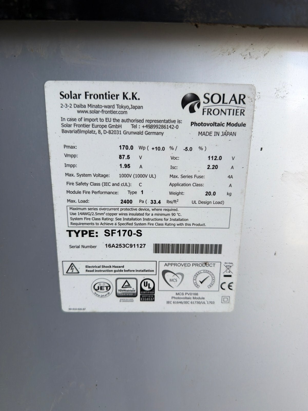 Solar Frontier SF170-S Zonnepaneel - 170 Wp, Ophalen, Gebruikt