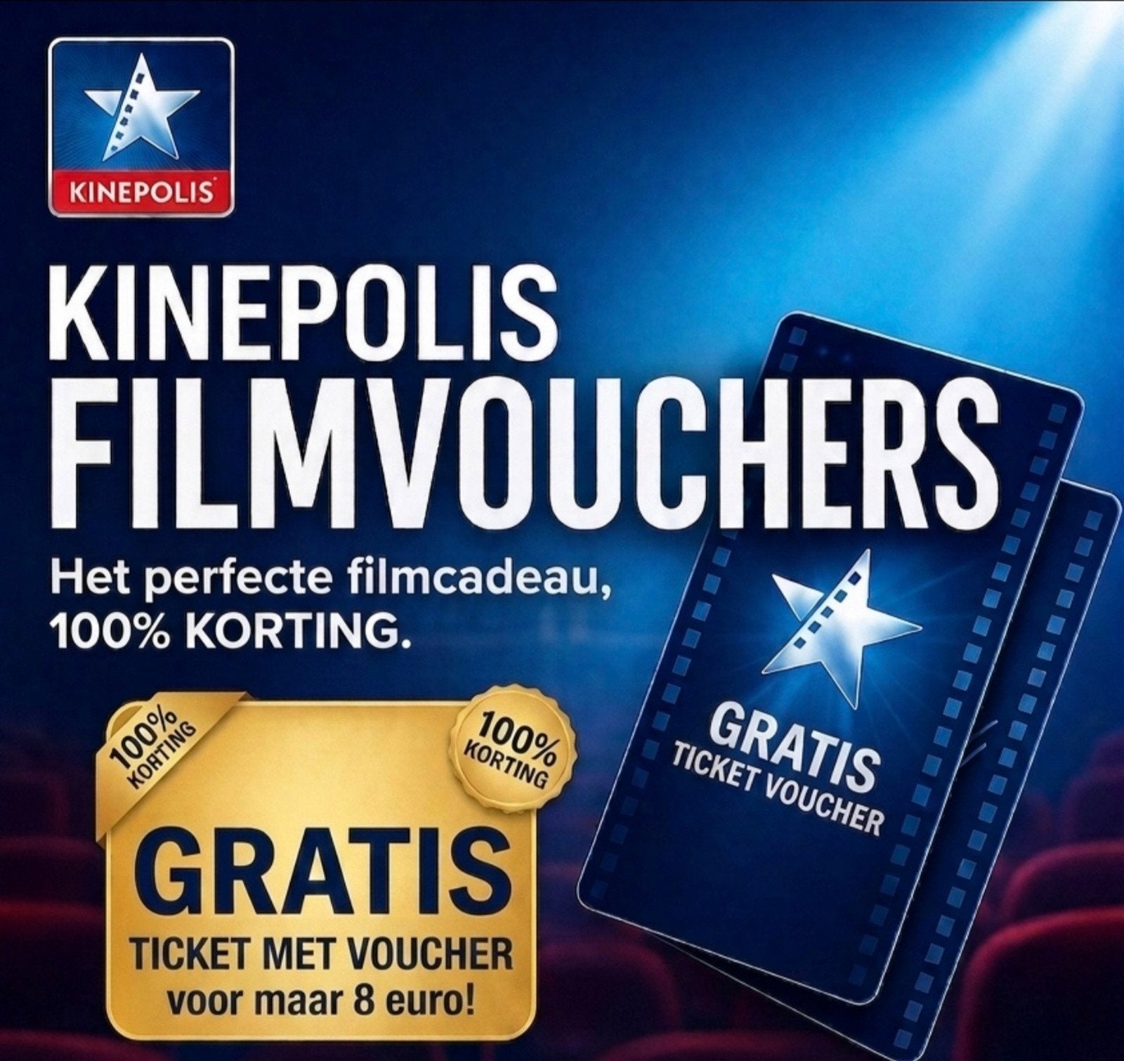 Kinepolis Kaartjes Film  (3D/MX4D etc.) ZONDER EXTRA KOSTEN, Drie personen of meer, Cadeaubon