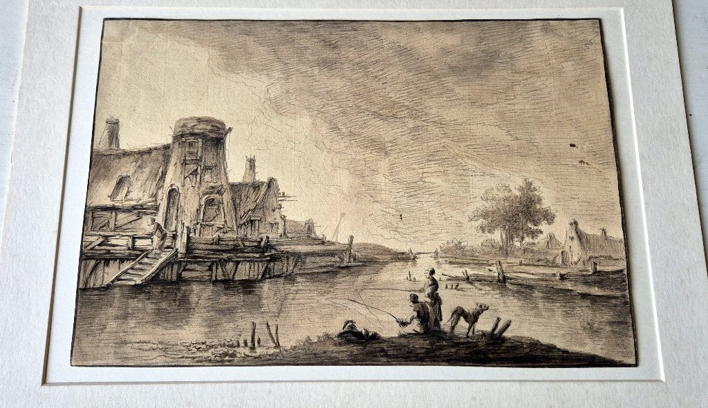 Anoniem, Hollandse school, rivierlandschap, 19e eeuw, Antiek en Kunst, Verzenden