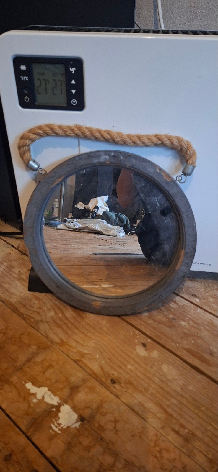 Houten ronde spiegel met touw, Ophalen, Minder dan 50 cm, Rond, Zo goed als nieuw