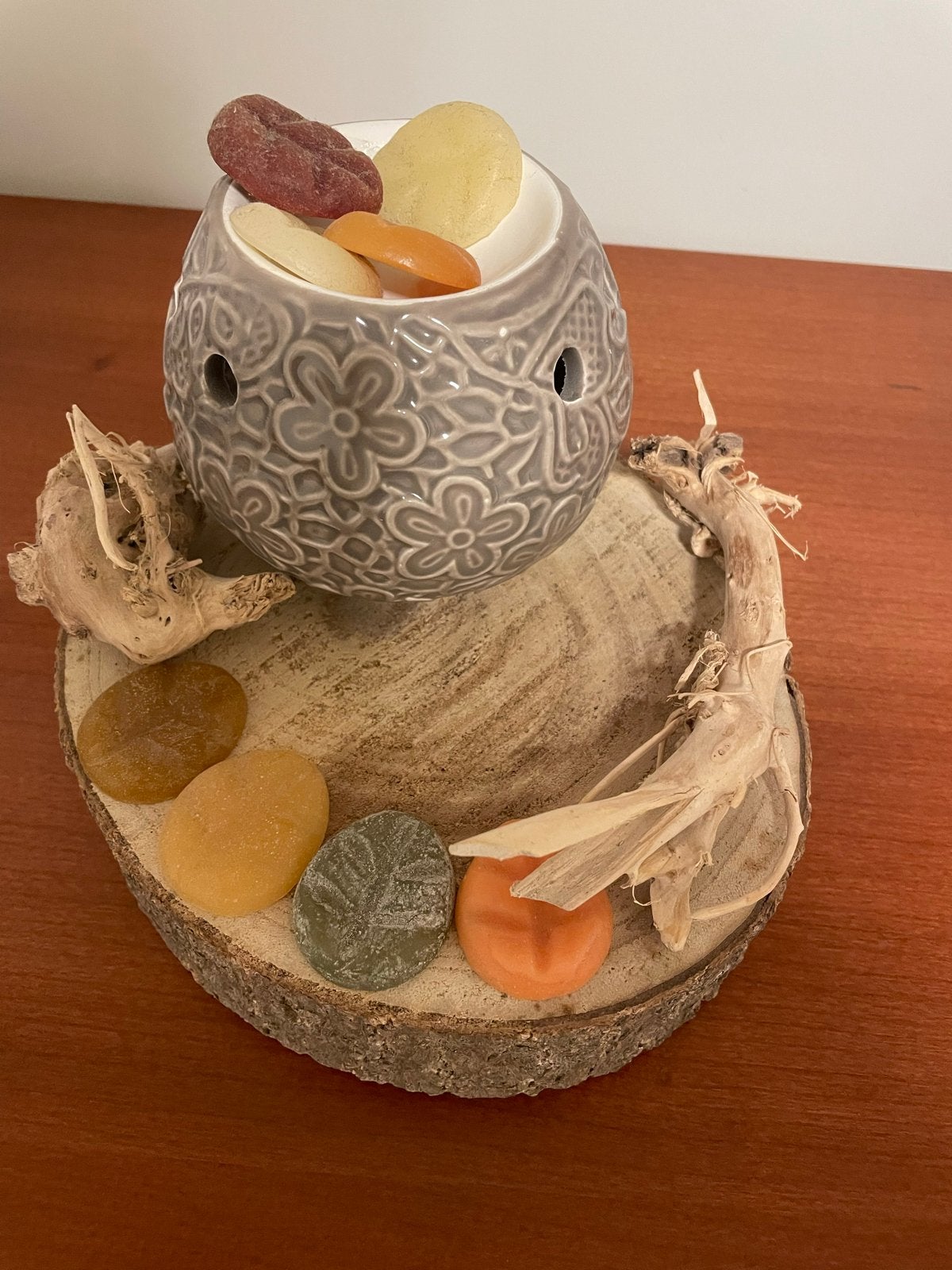 Scentchips brander met waxmelts op houten schijf, Ophalen of Verzenden, Grijs, Steen/keramiek, Landelijk