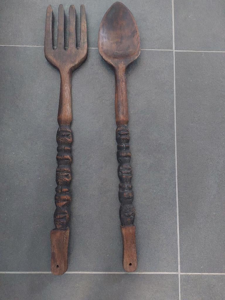 Houten retro bestek XXL 70 cm grote vork lepel van hout, Gebruikt, Hout, Ophalen of Verzenden, Bruin