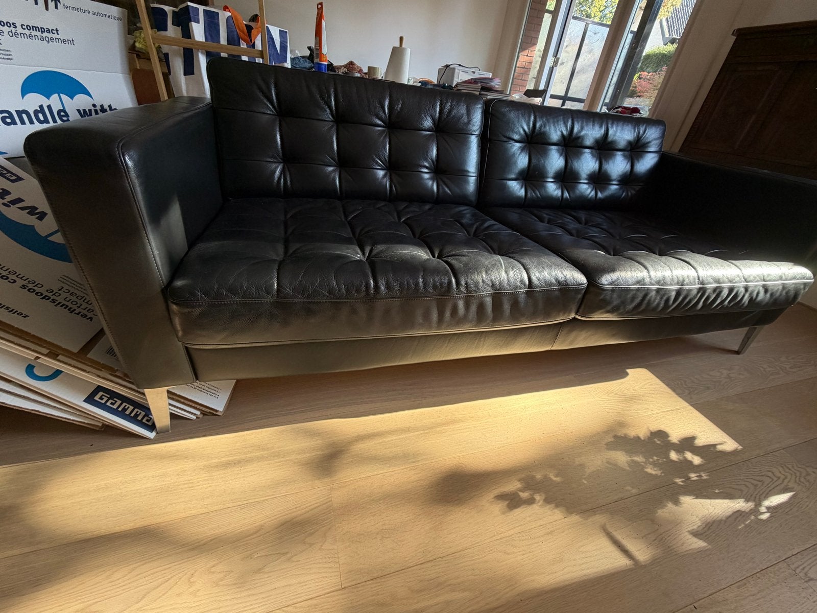 IKEA Karlstad 3-zitsbank zwart leer (206cm), Huis en Inrichting, Ophalen, Gebruikt, Driepersoons, 200 tot 250 cm