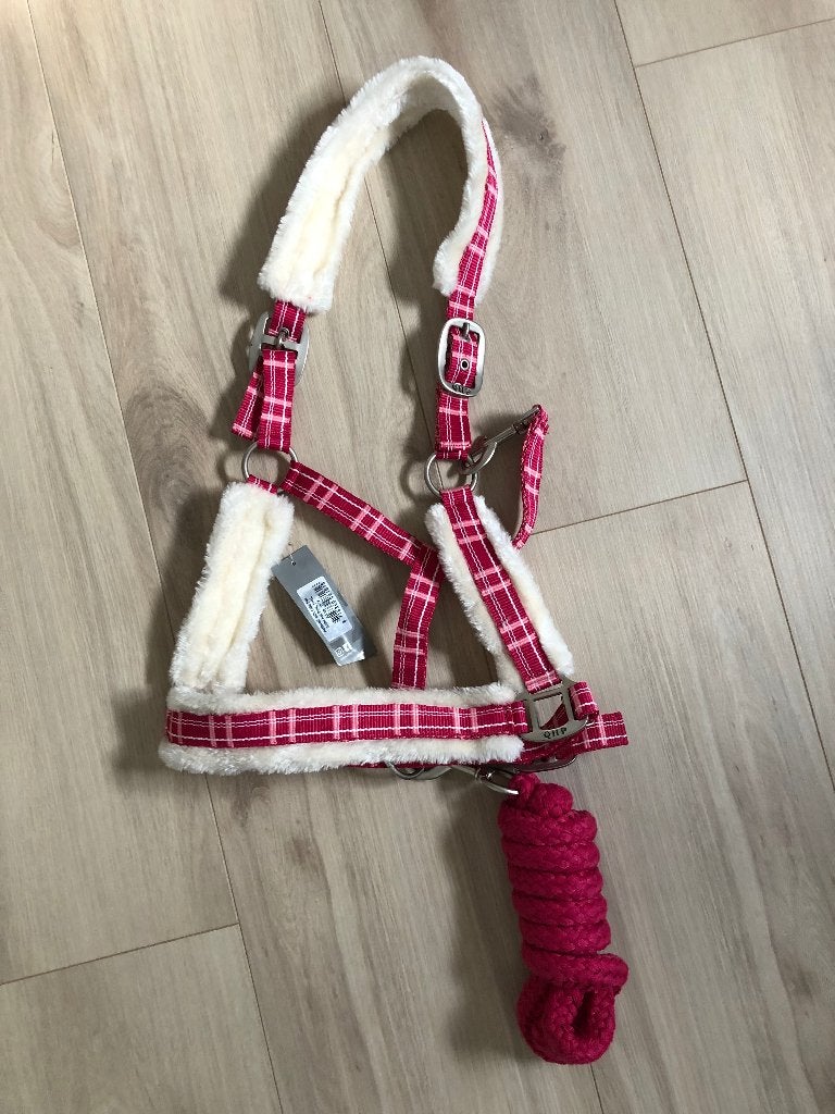 Halster full QHP met bont + bijpassend touw (nieuw), Dieren en Toebehoren, Nieuw, Ophalen of Verzenden, Halster, Roze