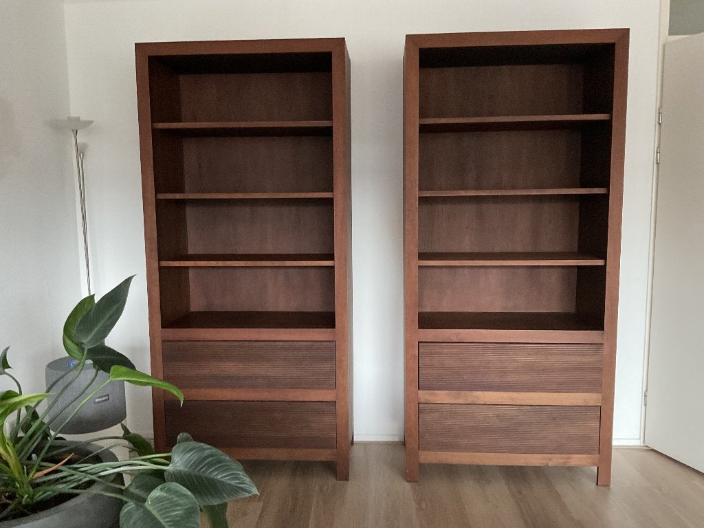 2 Moderne donker houten kasten, Ophalen, Gebruikt, 200 cm of meer, Met lade(s)