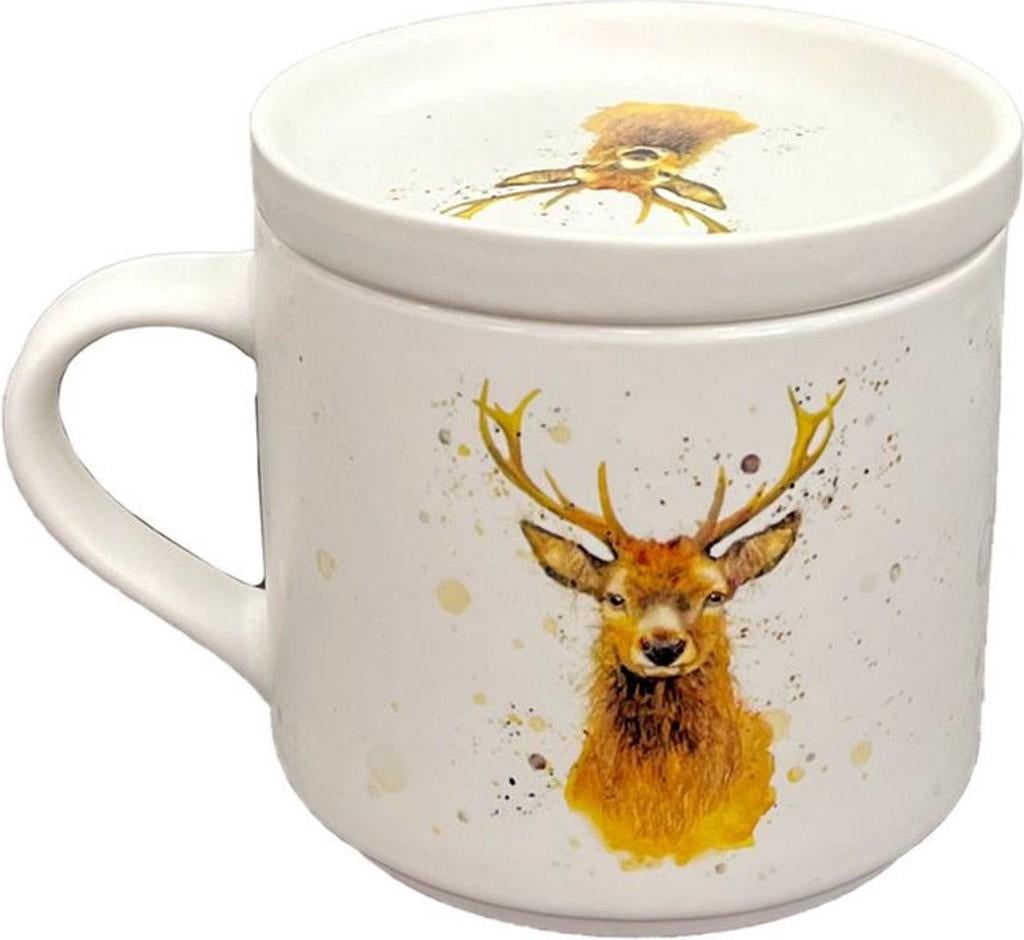 Nieuwe mok met onderzetter - hert - porselein - 300 ml, Nieuw, Ophalen of Verzenden, Overige stijlen, Kop(pen) en/of Schotel(s)