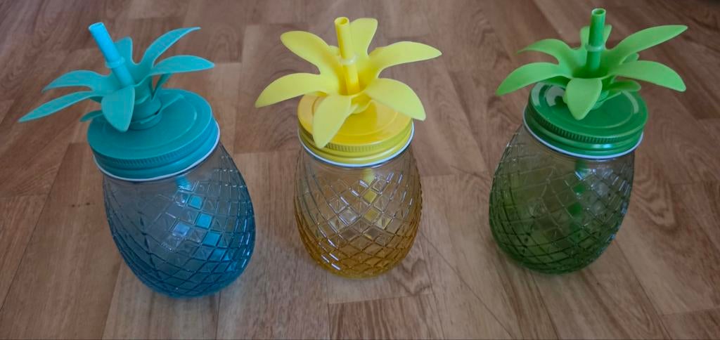 3 Stevige Drinkbekers (ananas) Met Rietje, Ophalen of Verzenden, Nieuw, Glas, Overige stijlen