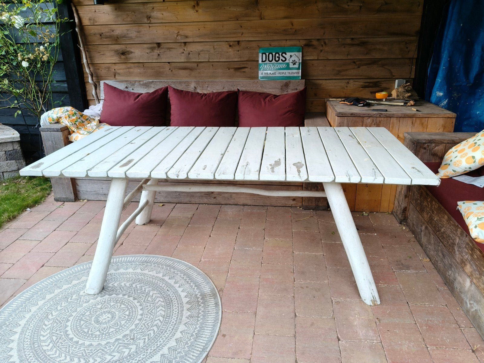 Robuuste witte houten tuintafel - Gebruikt, Ophalen, Gebruikt, 50 tot 100 cm, Rustiek, Brocante