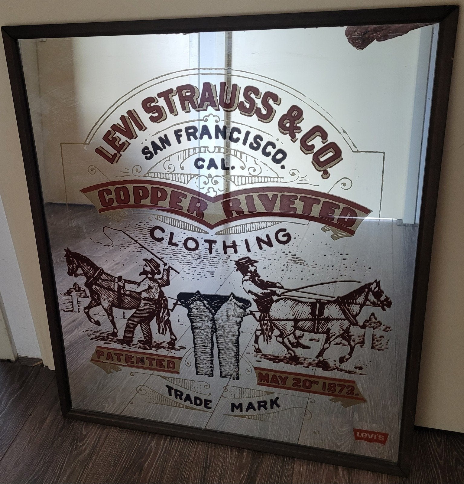Originele Vintage Levi Strauss & Co. spiegel, Antiek en Kunst, Ophalen, Rechthoekig
