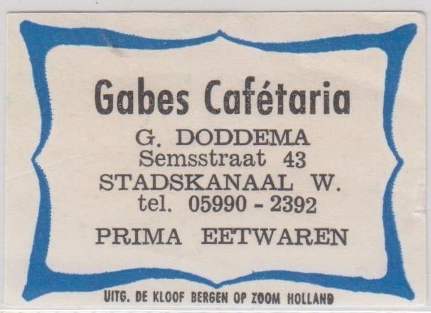 Gabes cafetaria  Stadskanaal Lucifer etiket, Verzenden, Gebruikt, Luciferdoosjes of -merken