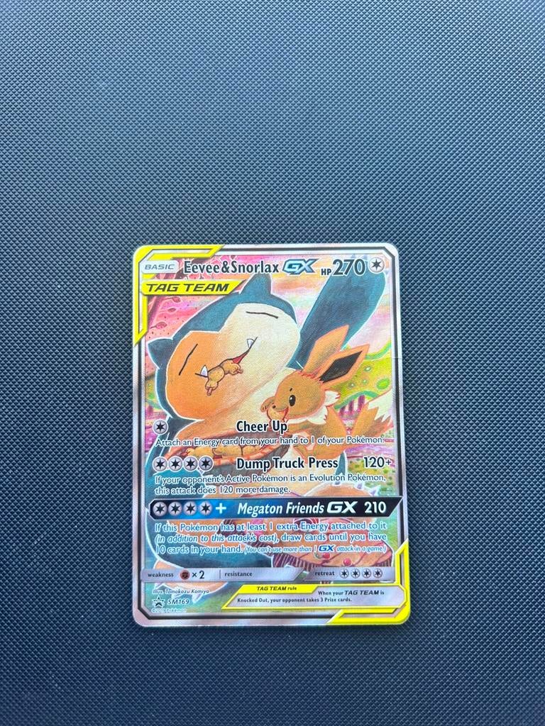 Eevee & Snorlax GX TAG TEAM Pokémon Kaart SM169, Ophalen of Verzenden, Zo goed als nieuw, Losse kaart, Foil