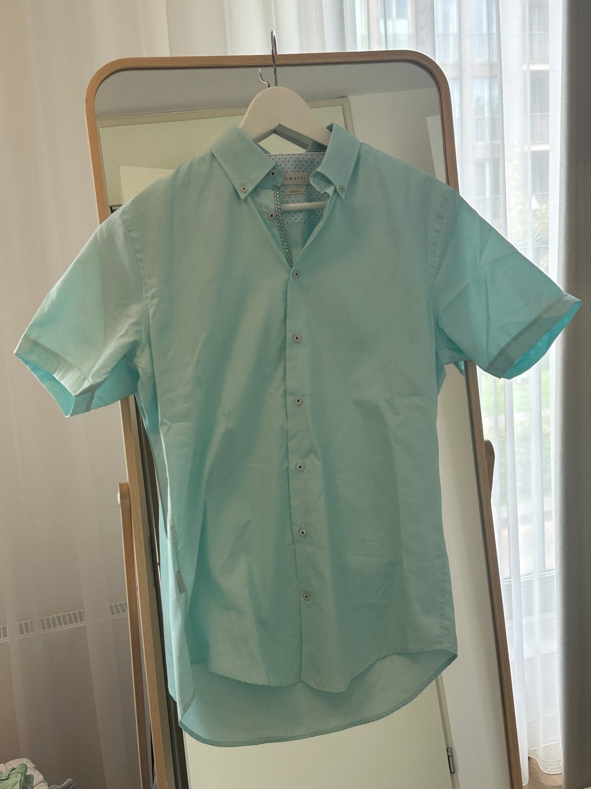 Bugatti overhemd korte mouw - lichtblauw/mintgroen, Ophalen of Verzenden, Zo goed als nieuw, Blauw, Halswijdte 38 (S) of kleiner
