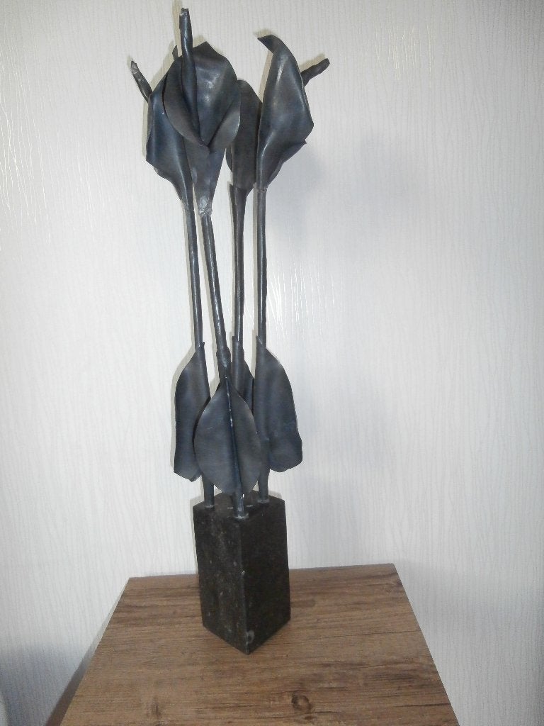 4 Loden Aronskelken/ Calla Lelies op Marmeren Sokkel  68 cm, Ophalen of Verzenden, Beeld, 50 - 100 cm