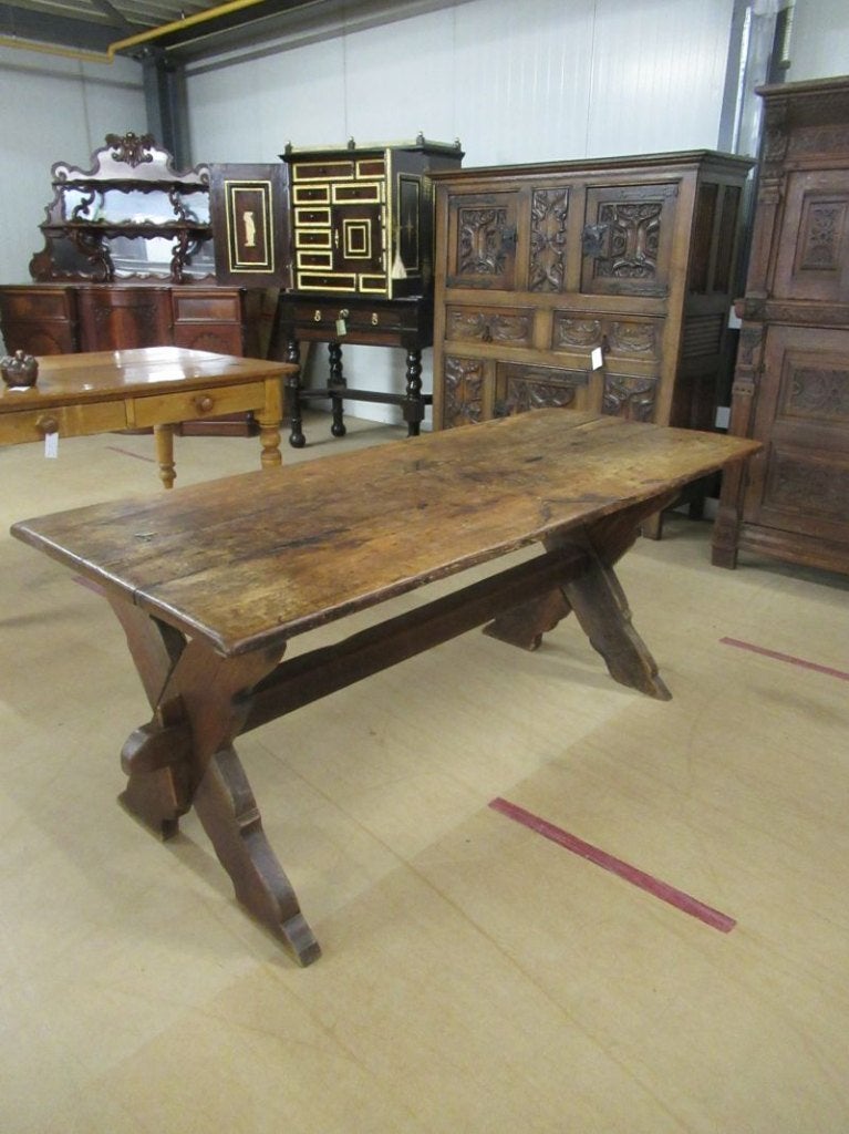 Oer 11639 ANTIEKE vroeg 19e eeuwse eiken schragen tafel, Ophalen