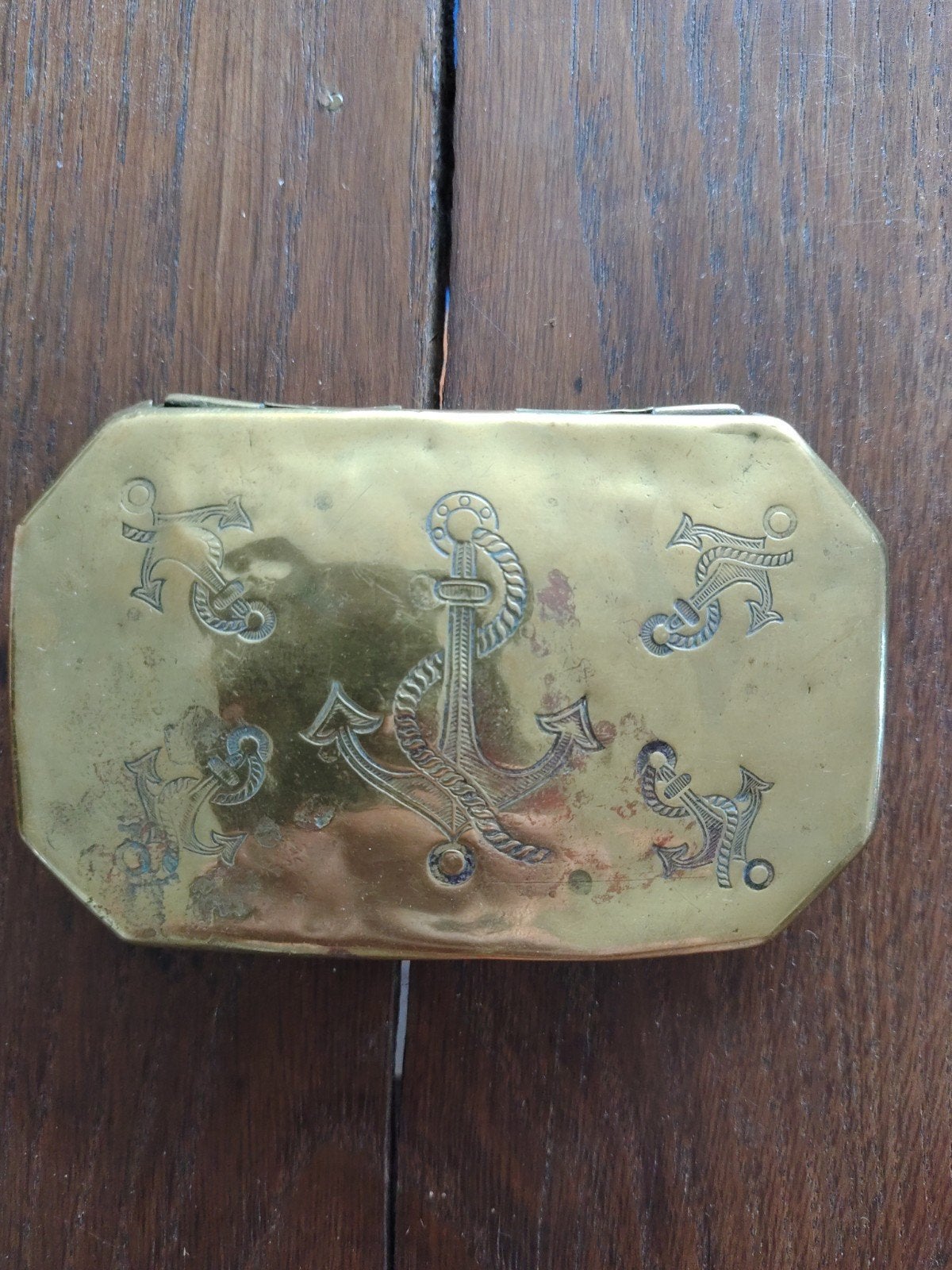 Antieke messing tabaksdoos met ankerdecoratie, Ophalen of Verzenden